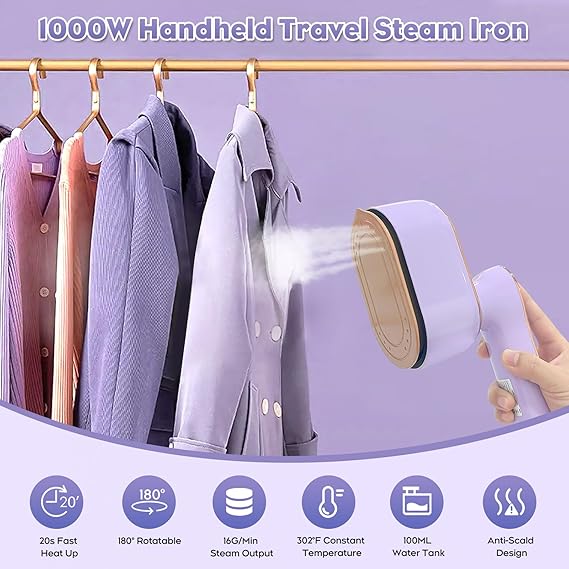 Travel Iron,1000w Handheld Mini Steam Iron Travel Steam Iron Portable Iron Machine,2 in 1 Foldable Steamer Iron With 20s Fast Heat Up,180° Rotating Dry and Wet Ironing for Home and Travel